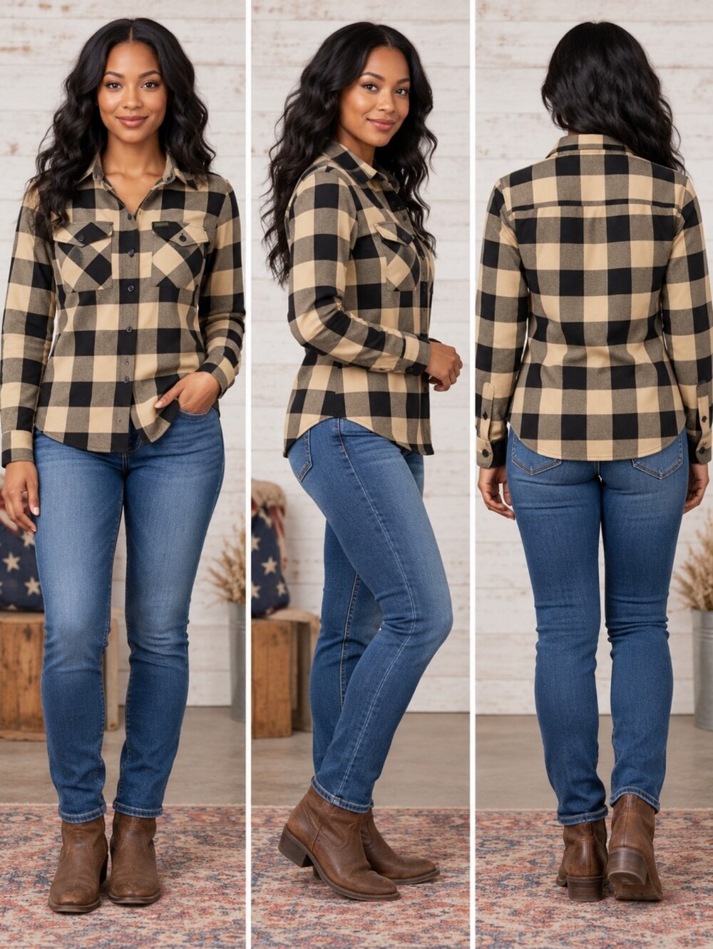 Dixxon The Bravo Women's Medium Tan Black Buffalo Plaid Flannel Shirt